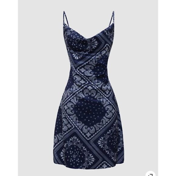 CIDER blue bandana paisley cowl neck cami bodycon mini dress size XS - Picture 1 of 7